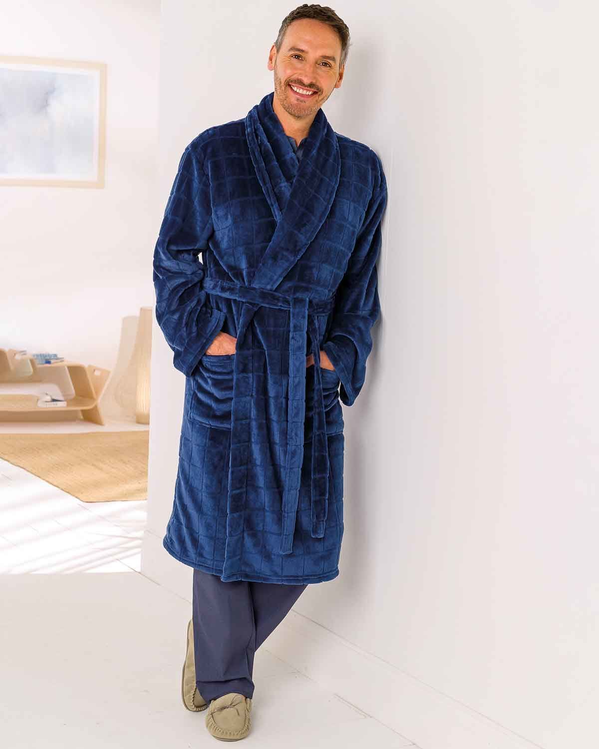 Mens Navy Supersoft Waffle Fleece Dressing Gown James Meade